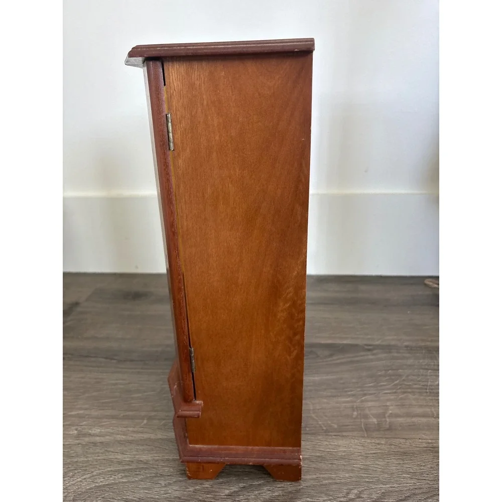 Vintage Wooden Jewelry Armoire Wardrobe Etched Glass Doors Necklace Carousel